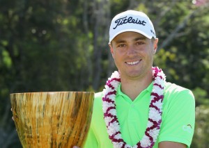 Justin Thomas of the United States holds his trophy after winning the SBS Tournament of Champions at Kapalua Resort's Plantation Course in Hawaii on Jan. 8, 2017. (Kyodo) ==Kyodo, Image: 310332630, License: Rights-managed, Restrictions: , Model Release: no, Credit line: Profimedia, Newscom