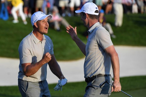 Oct 1, 2016; Chaska, MN, USA; Henrik Stenson of Sweden celebrates with Justin Rose of England after making an eagle on the 16th green during the afternoon four-ball matches in the 41st Ryder Cup at Hazeltine National Golf Club., Image: 301649901, License: Rights-managed, Restrictions: *** World Rights ***, Model Release: no, Credit line: Profimedia, SIPA USA